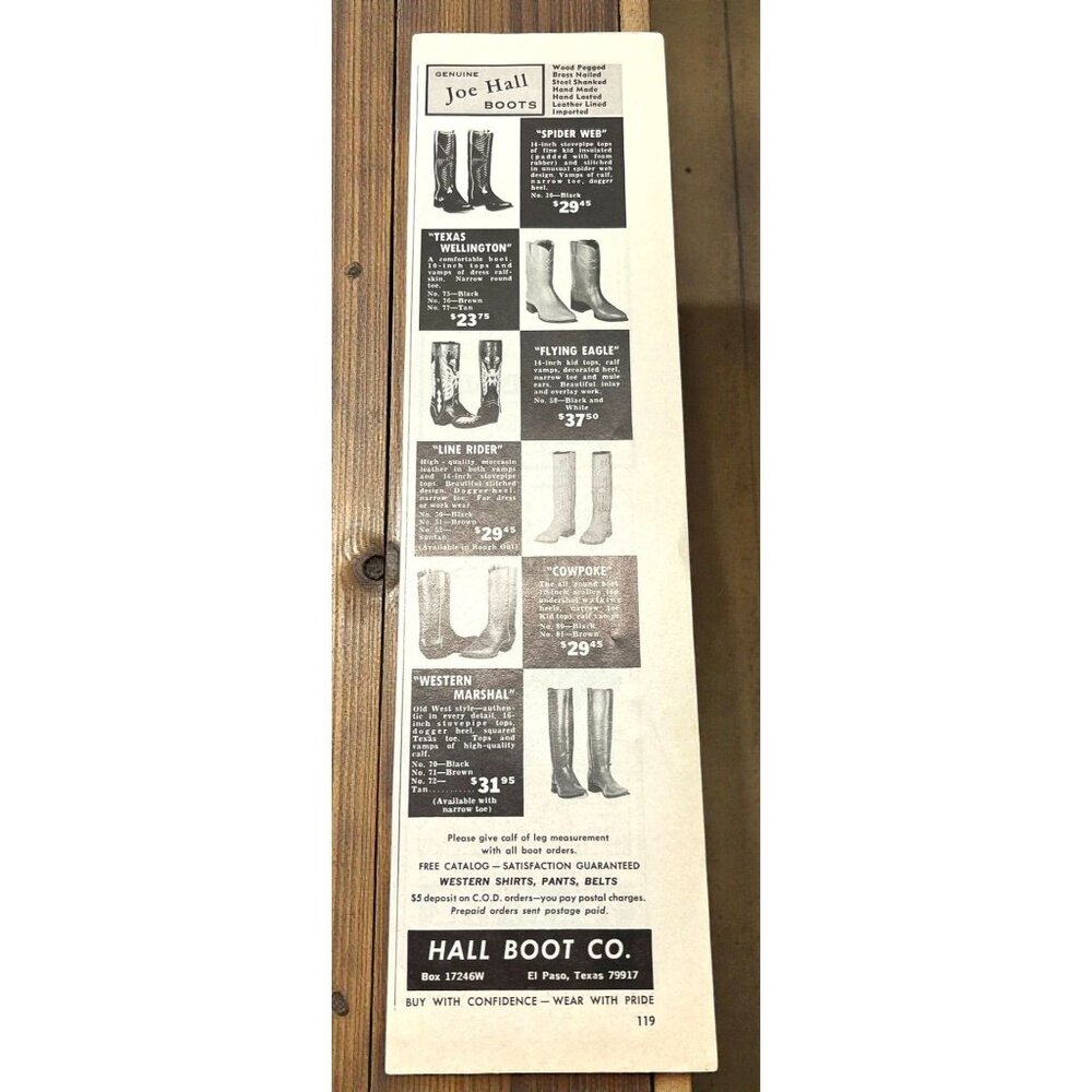 Joe Hall Cowboy Boots Vintage Print Ad 1960s Western Fashion El Paso TX